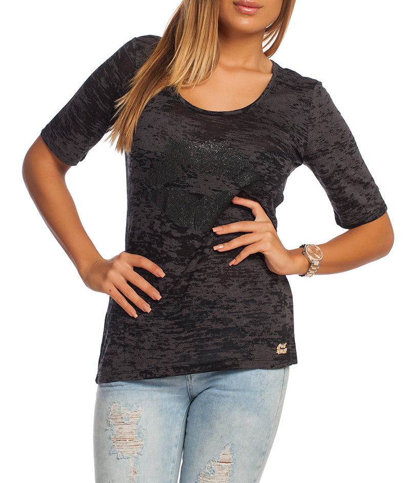 Just Cavalli Women’s Charcoal Grey Burnout Glitter Logo T-Shirt