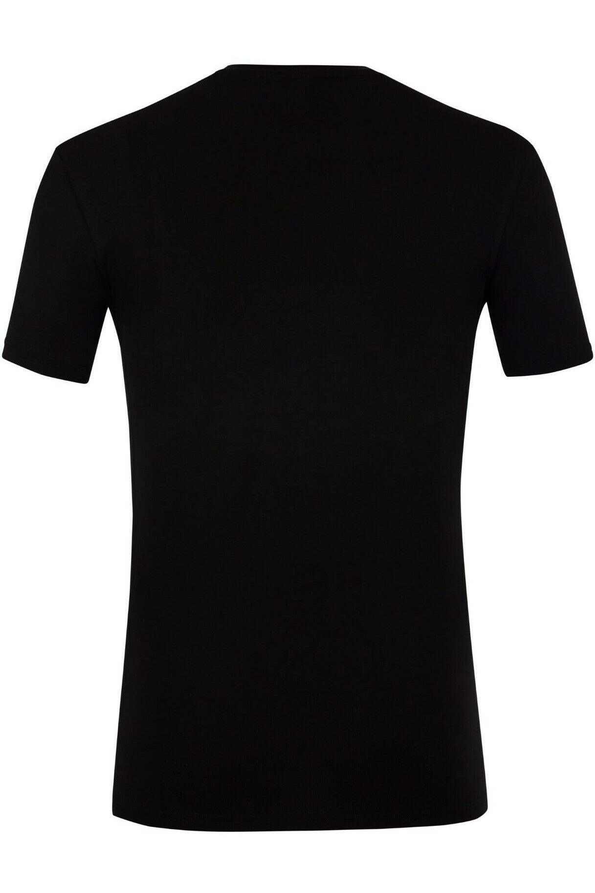 Plain black short-sleeve crew neck t-shirt back view on white background