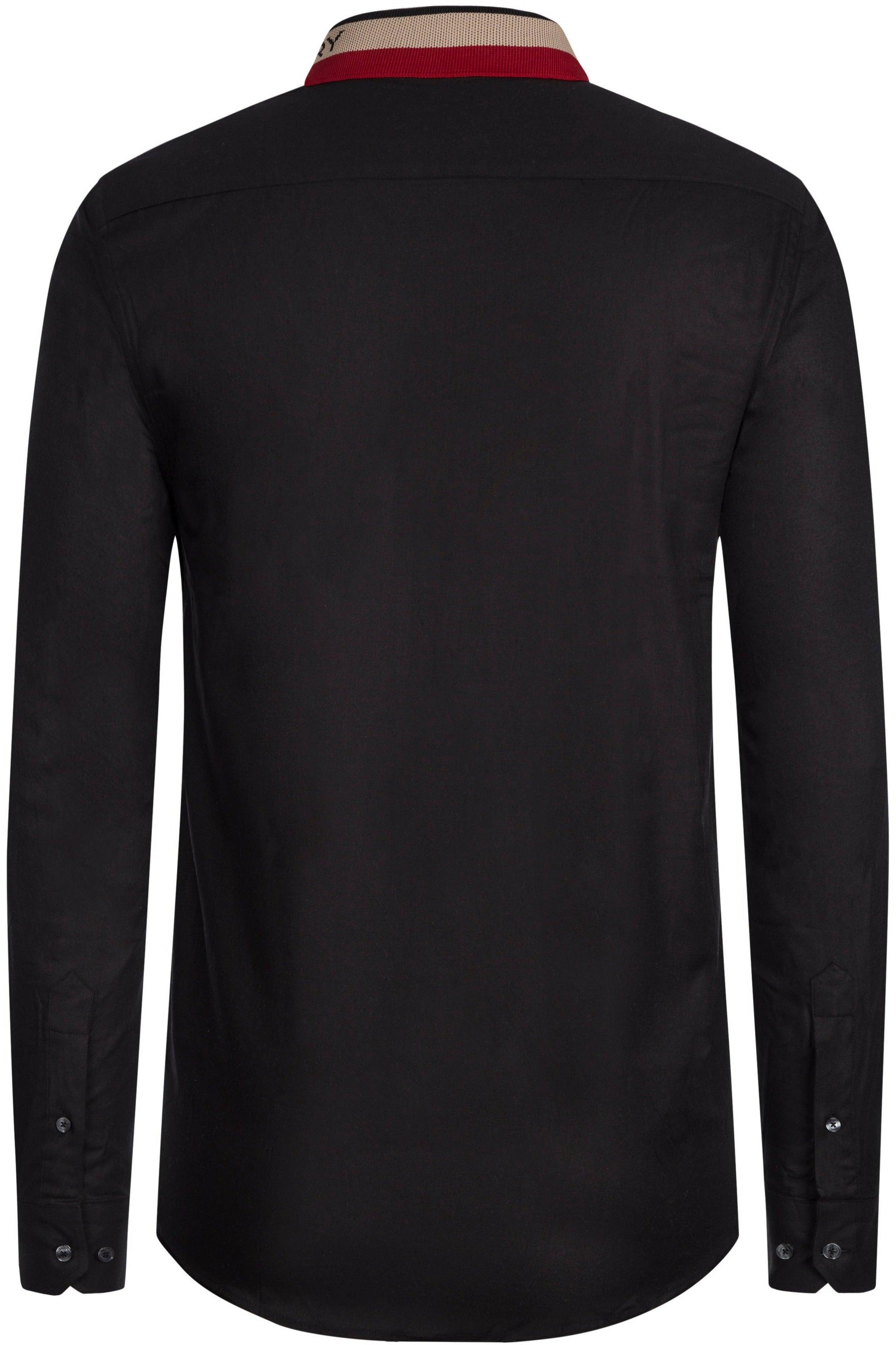 Back view of a black long-sleeve men's shirt with a red and beige detailed collar