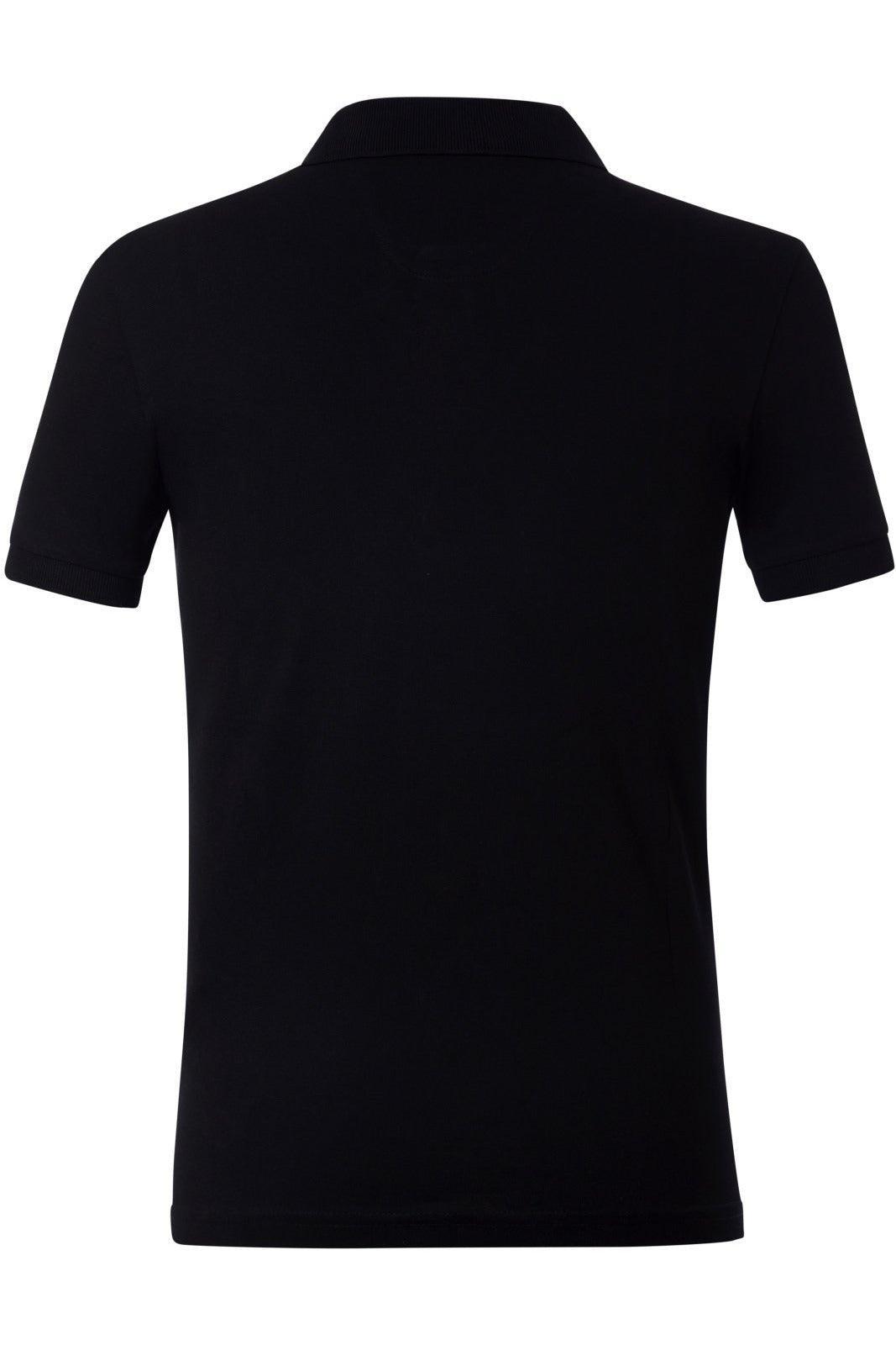 Back view of a plain black short-sleeve polo shirt with a ribbed collar and cuffs