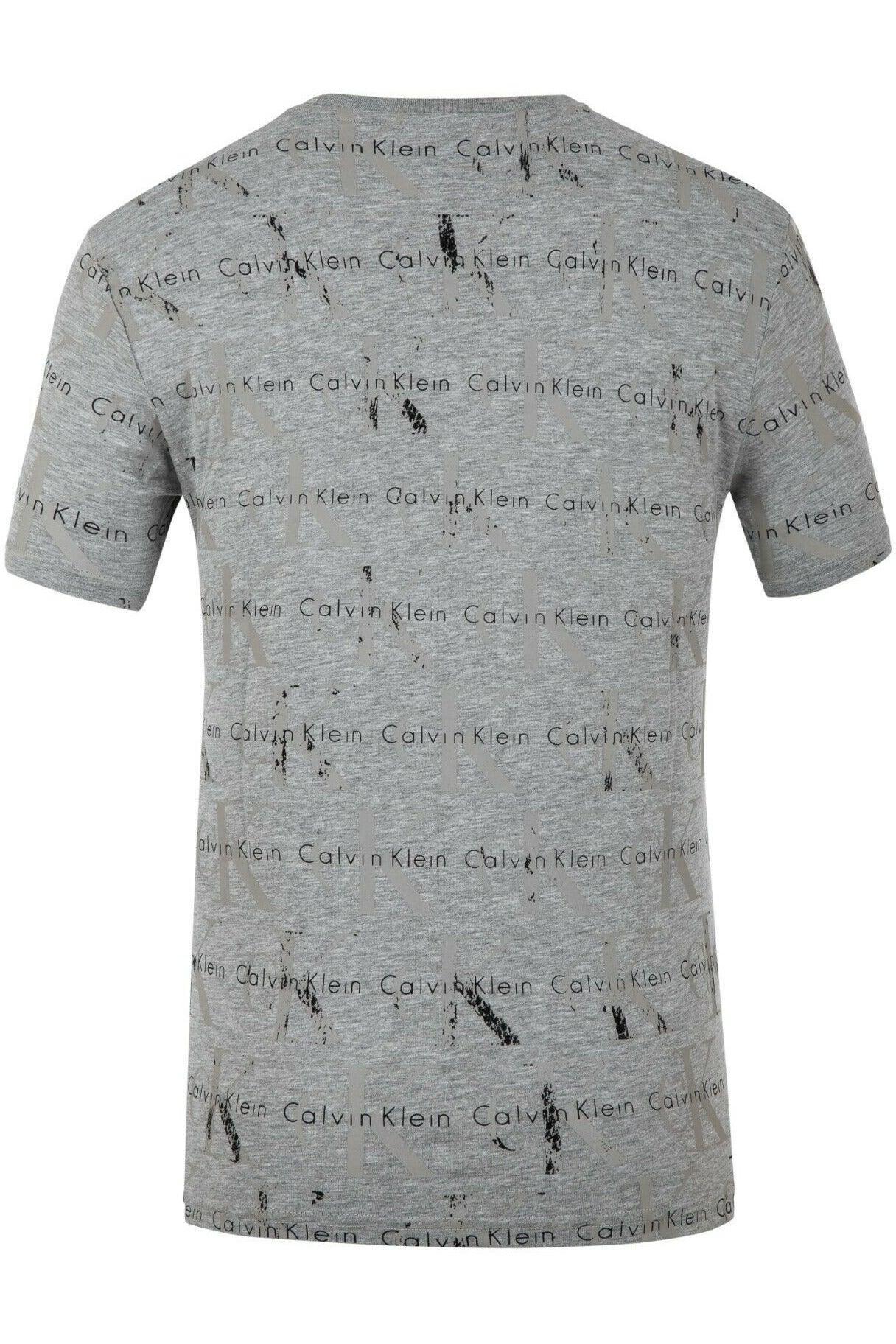 Grey Calvin Klein men's T-shirt with all-over logo print and black distressed details