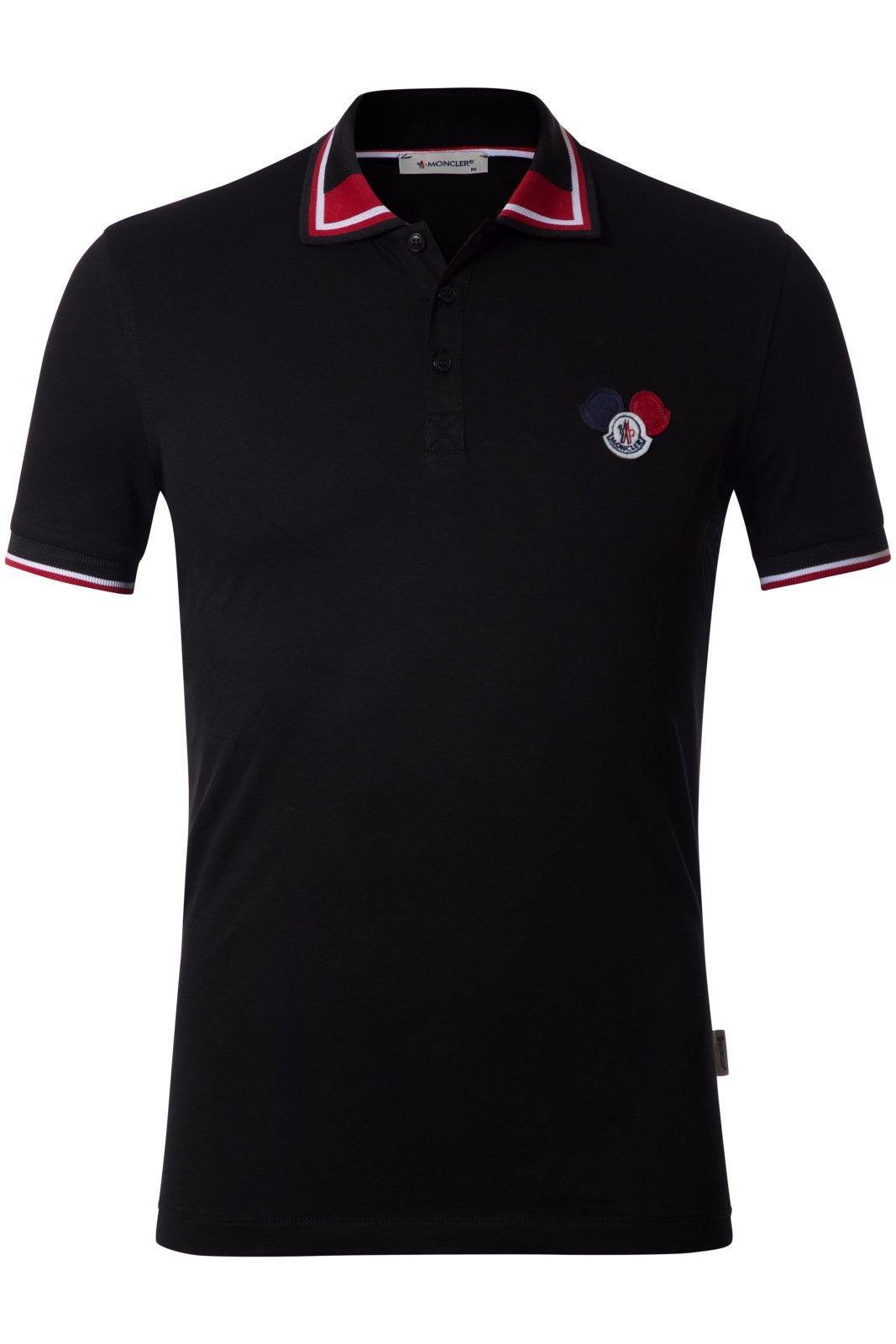 Black Moncler polo shirt with red, white, and navy collar and sleeve trim, logo patch on chest